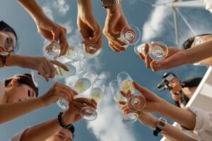 Group of friends toasting with champagne glasses during a bachelorette party in Belgrade under a sunny sky