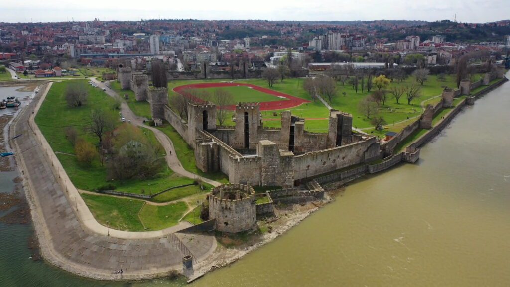 Aerial view of Smederevo Fortress by the Danube River – a popular day trip from Belgrade.